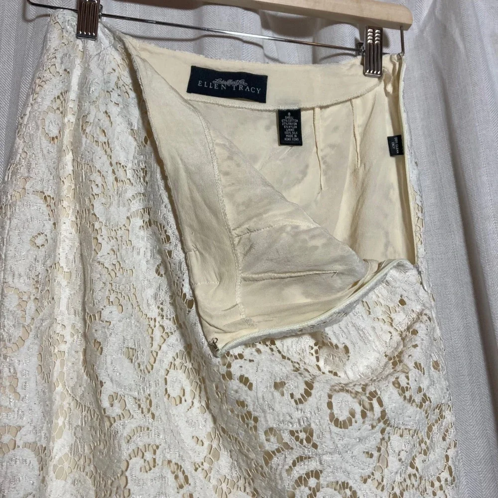 Linda Allard Ellen Tracy Cream Lace Pencil Skirt Silk Lined Scalloped 8 Coquette